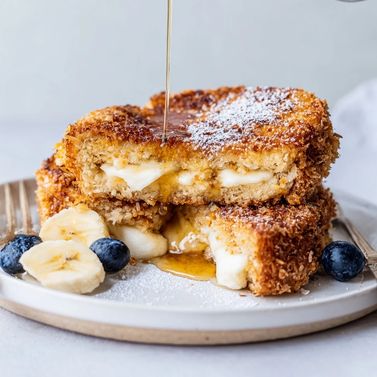 Slices of Coconut Crusted French Toast frying in butter, coconut aroma