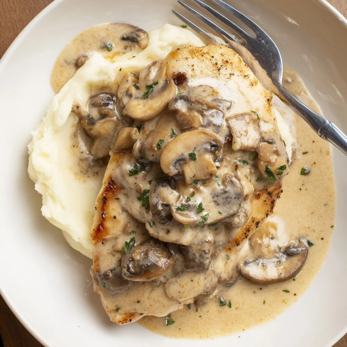 Skillet Chicken And Mushroom Sauce spooned over mashed potatoes, steaming and savory