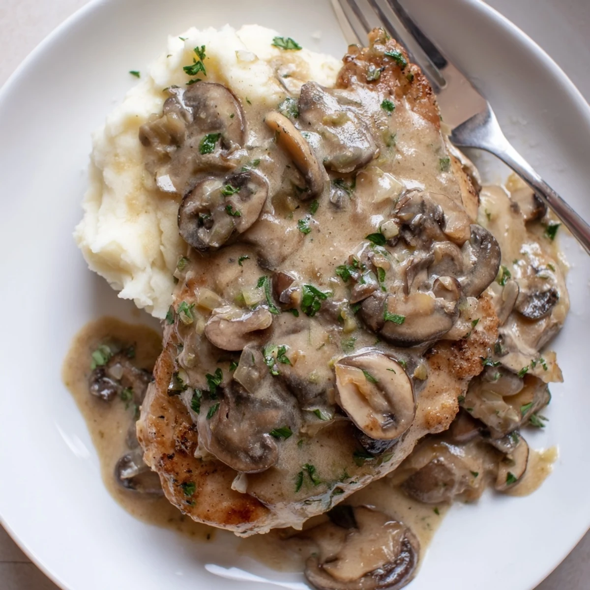 Pan-seared breasts in Skillet Chicken And Mushroom Sauce, creamy, browned mushrooms visible