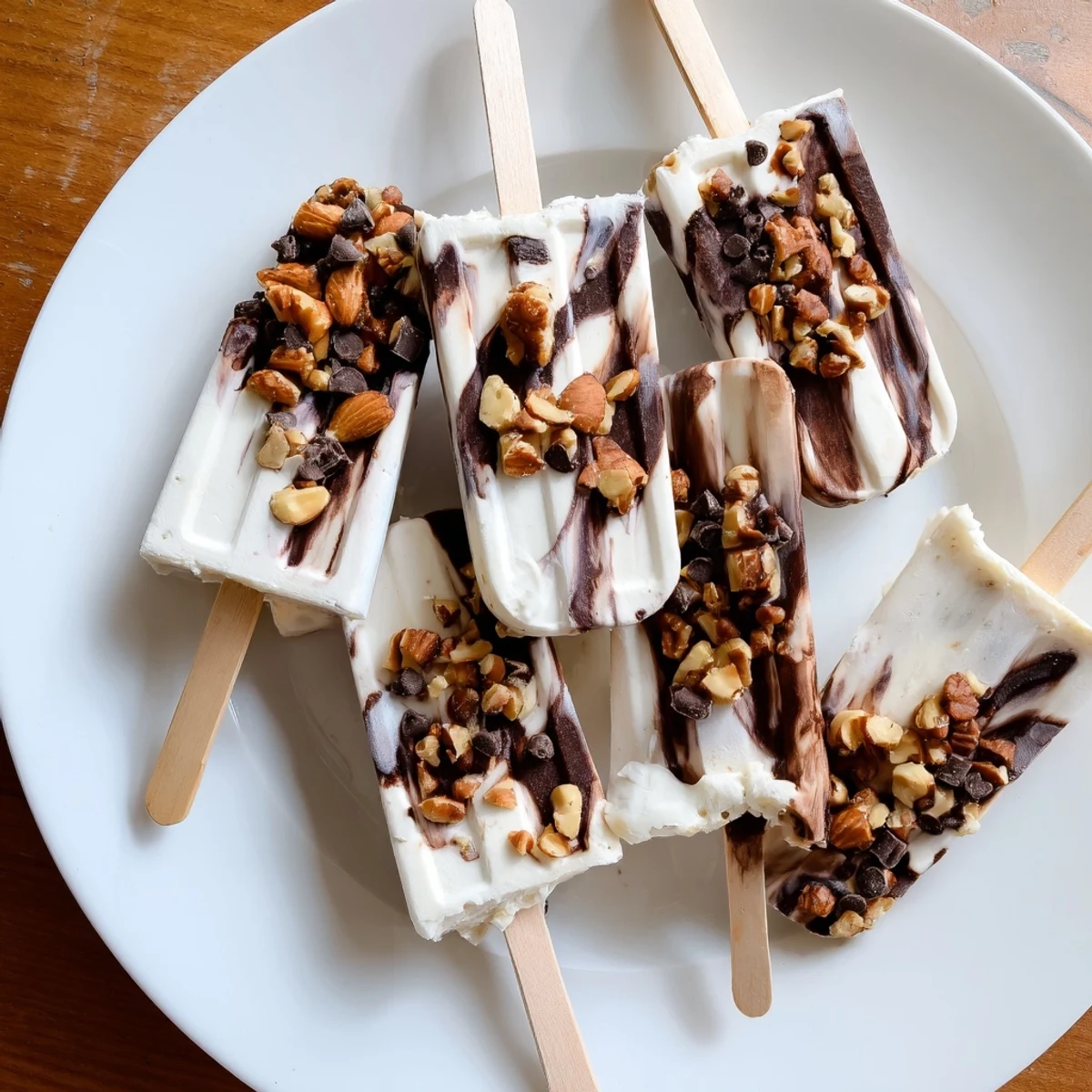 Creamy chocolate banana bliss popsicles with swirling dark chocolate ribbons on wooden sticks