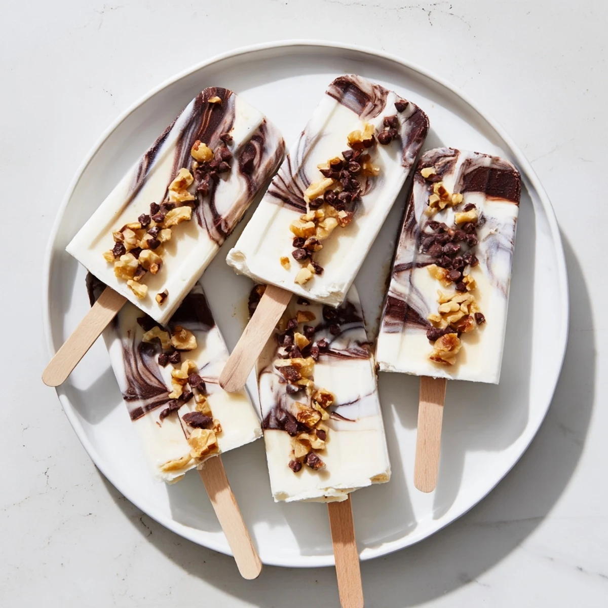 Frozen chocolate banana bliss popsicles topped with chopped nuts and mini chocolate chips