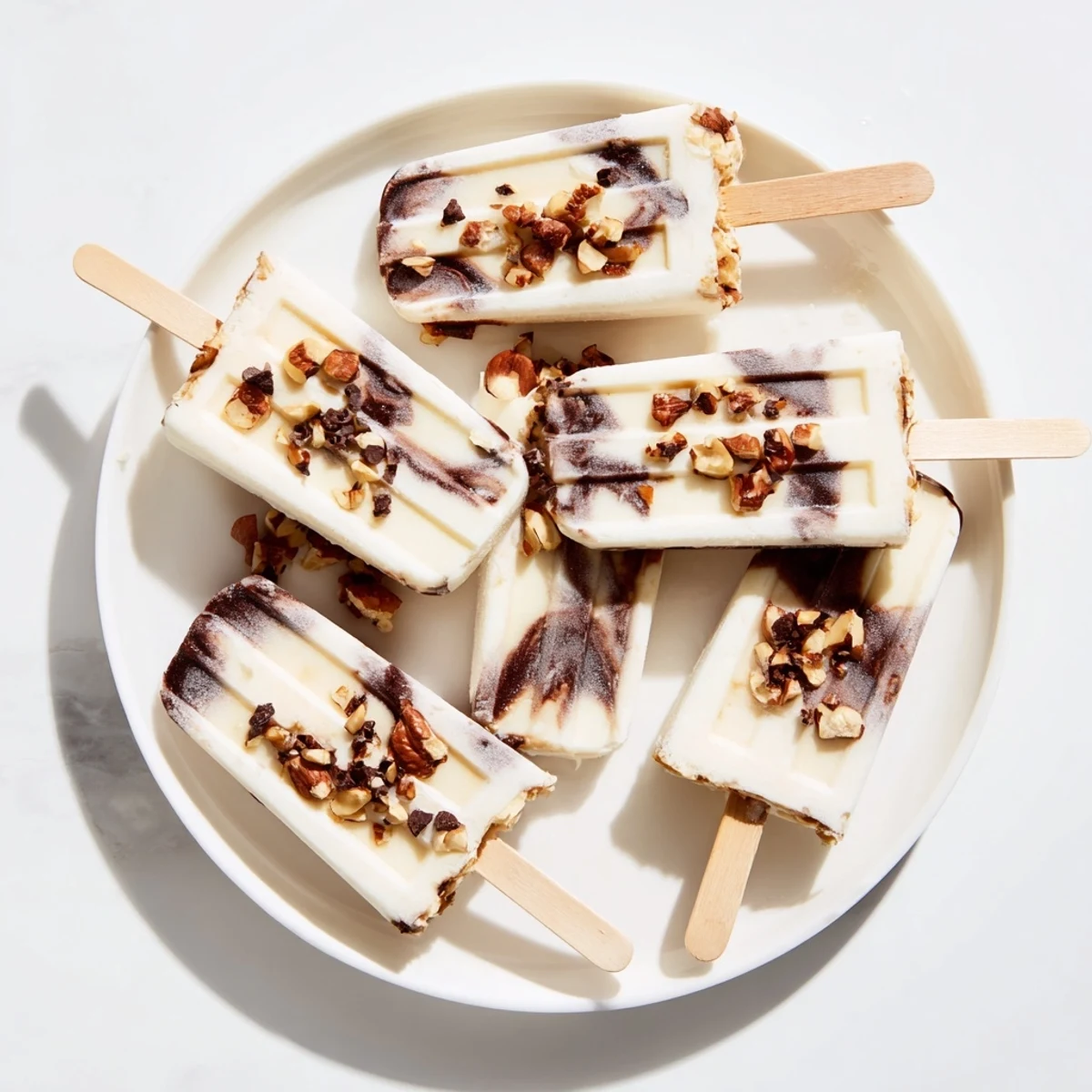 Rich banana popsicles marbled with melted dark chocolate in colorful popsicle molds