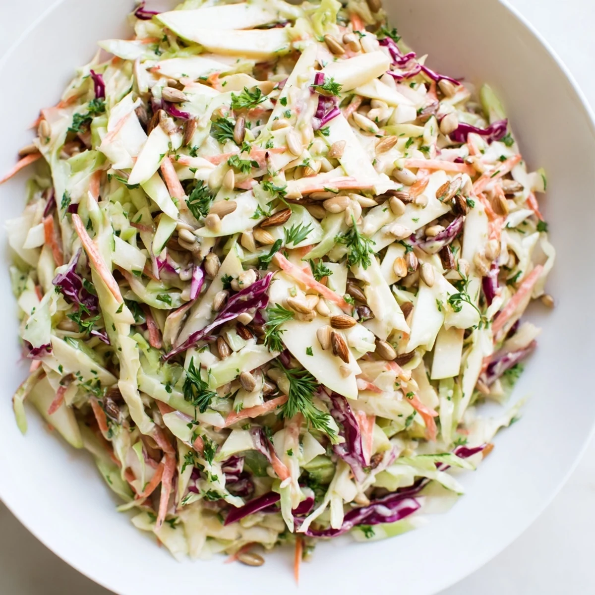 Fresh apple coleslaw with crisp green and red cabbage in a creamy honey dressing