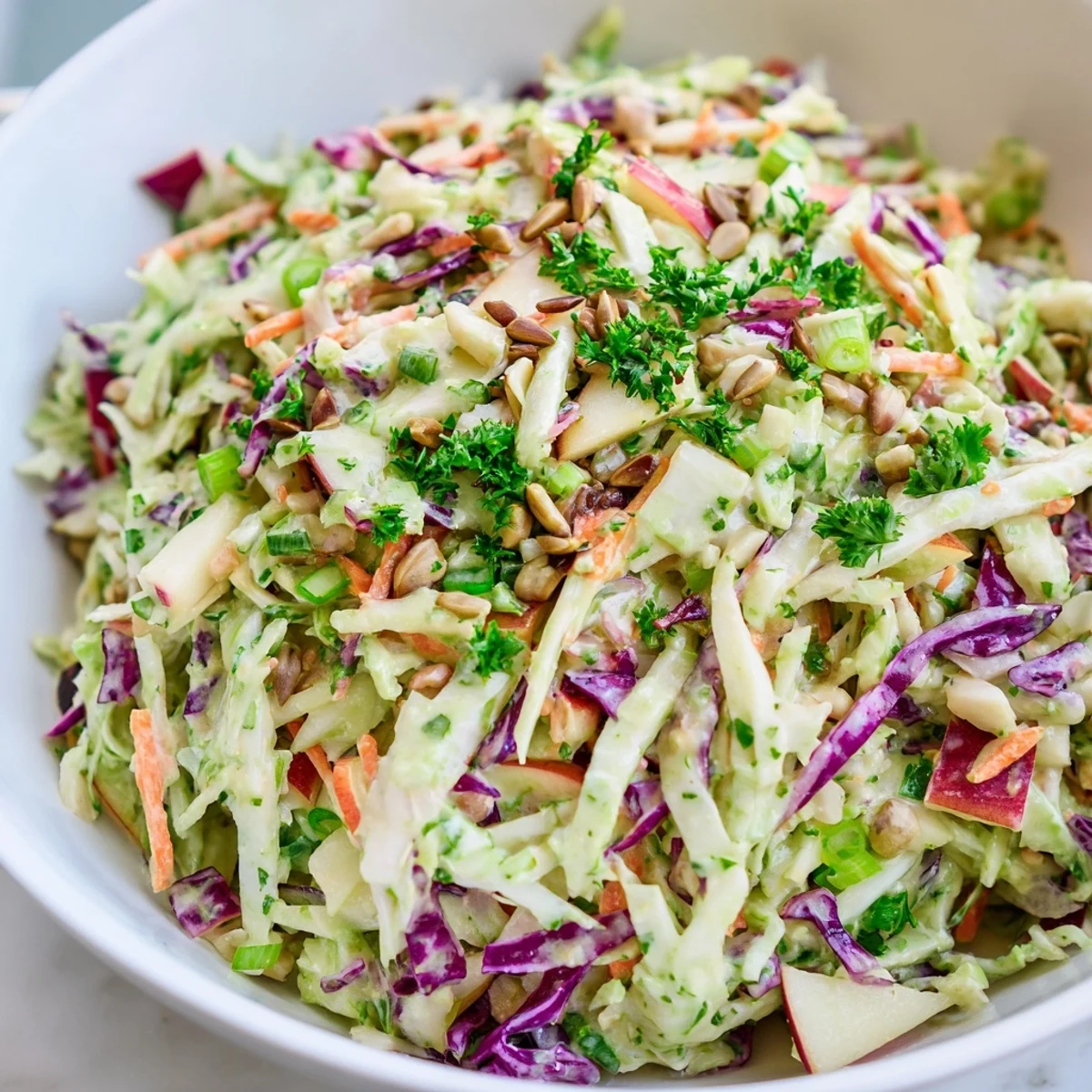 Tangy apple coleslaw topped with green onions and optional sunflower seeds for summer barbecues