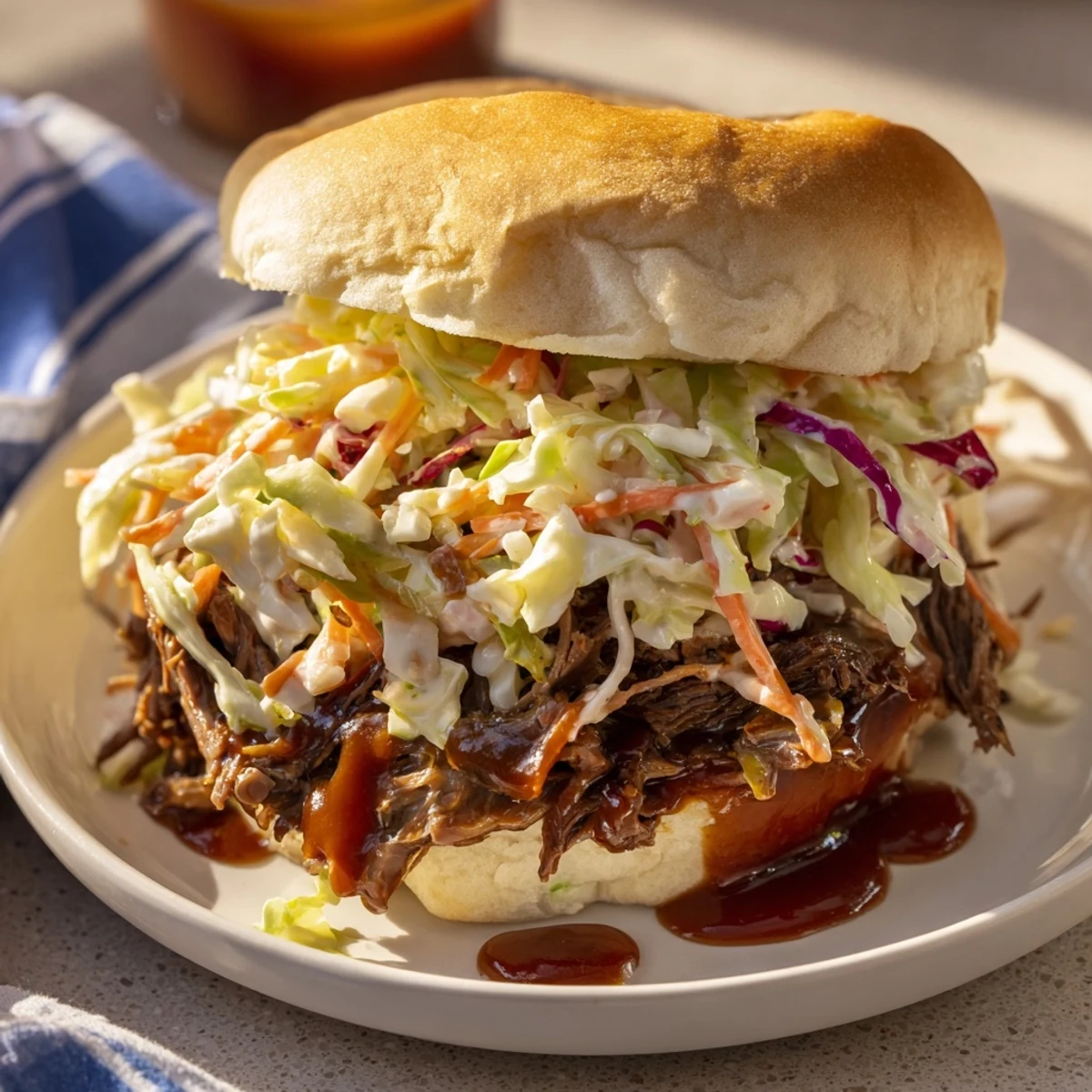 Tender shredded beef in smoky barbecue sauce layered with crunchy tangy coleslaw on soft buns