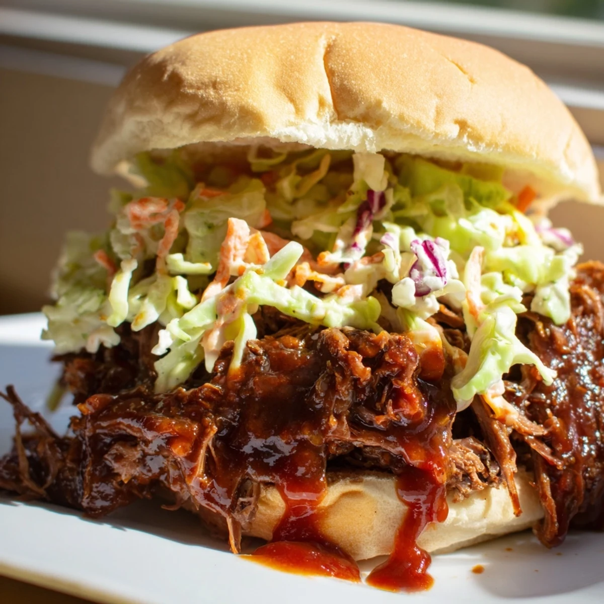 Golden smoky BBQ beef sandwiches piled on toasted buns with crisp colorful coleslaw topping