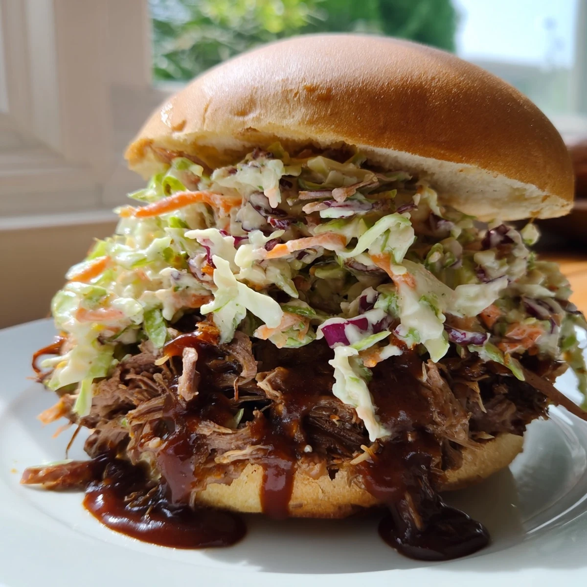Hearty BBQ beef sandwiches mounded high with fresh cabbage slaw for perfect texture contrast