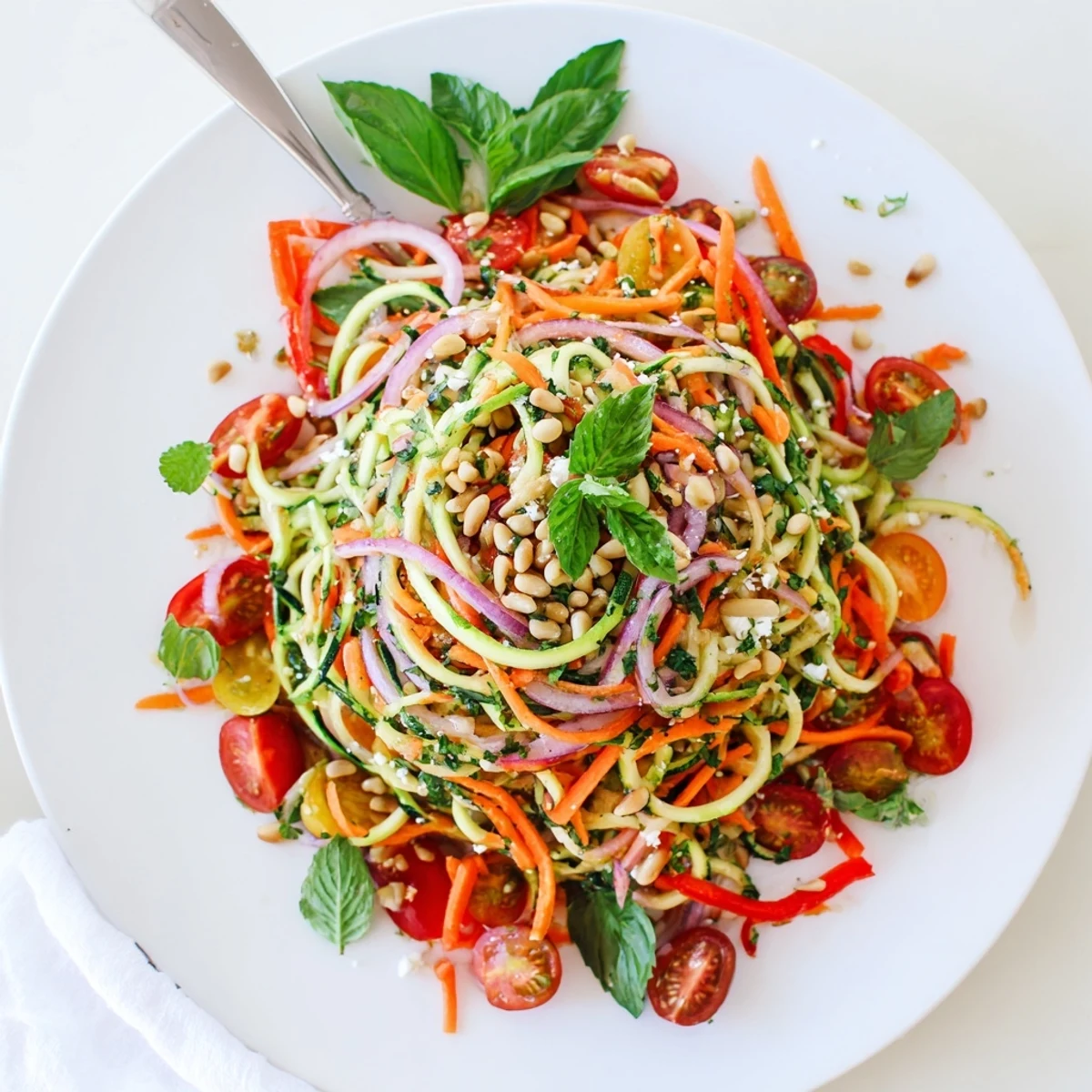 Refreshing zucchini noodle salad delight with spiralized vegetables drizzled with zesty lemon lime dressing
