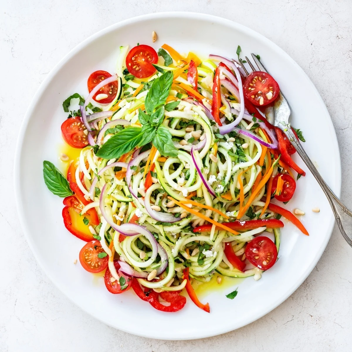 Colorful zucchini noodle salad bowl topped with cherry tomatoes and fresh herbs in citrus dressing