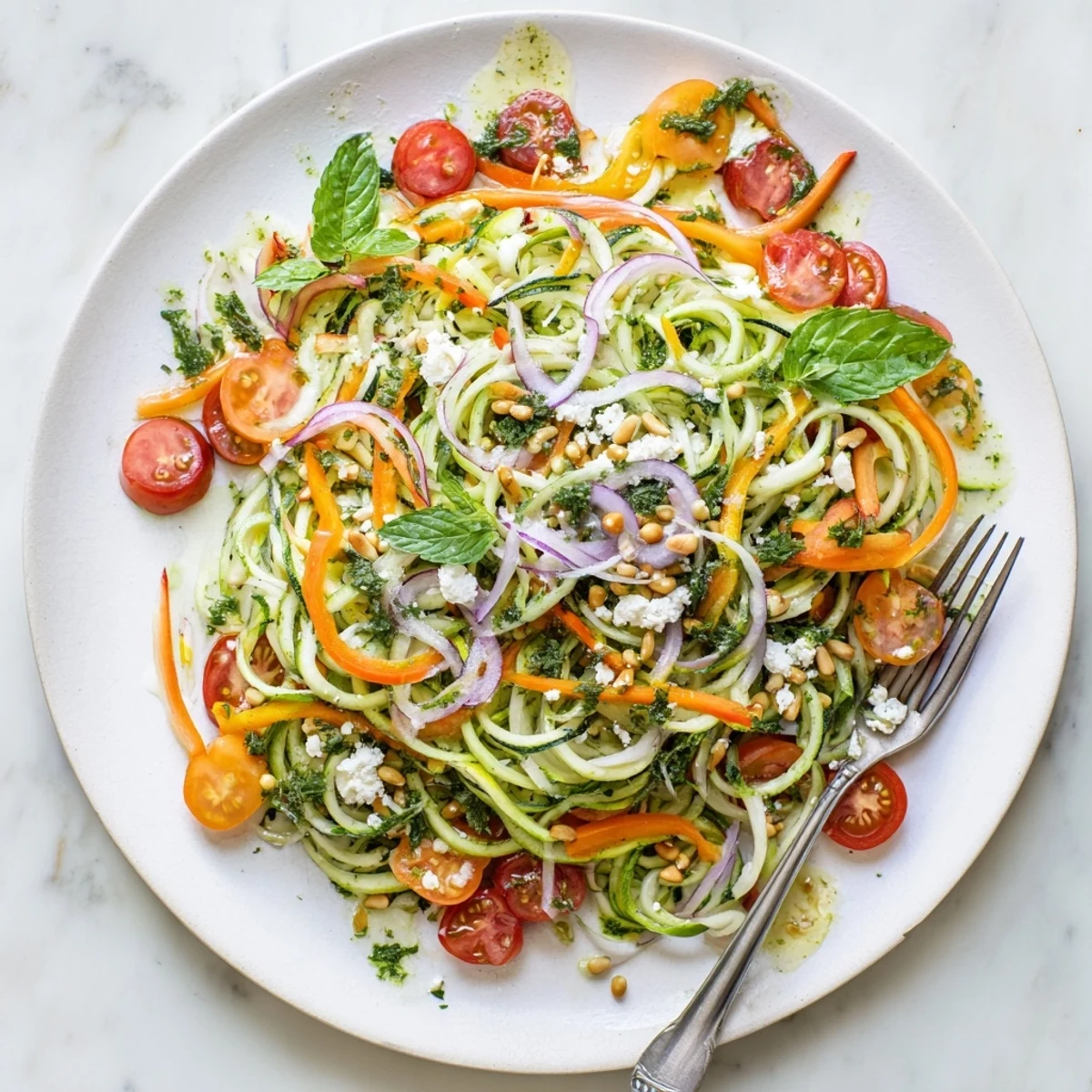 Crisp summer zucchini noodle salad featuring bell peppers, carrots, and optional feta cheese crumbles