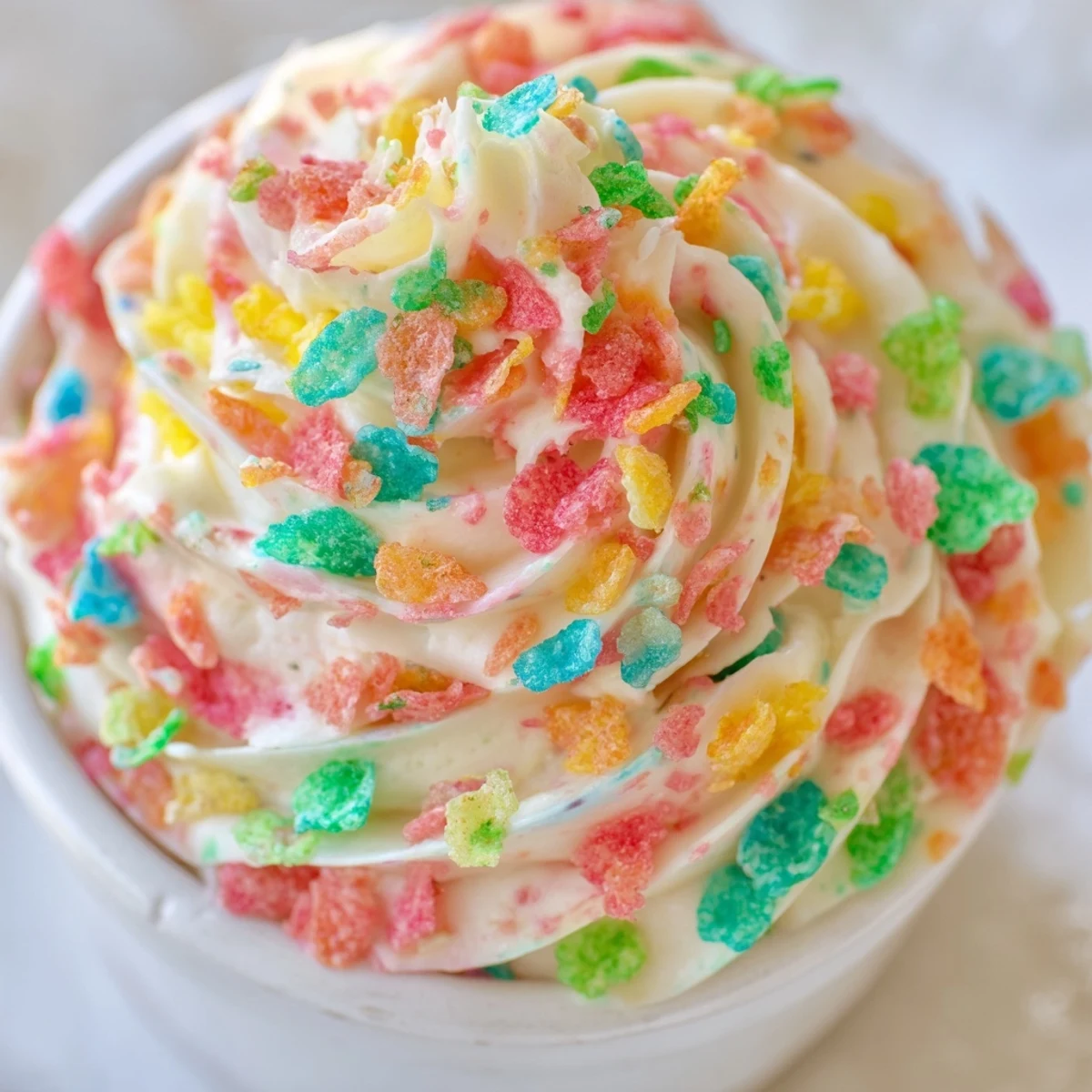 Creamy homemade Fruity Pebbles frosting spread thick on white cake with vibrant cereal pieces