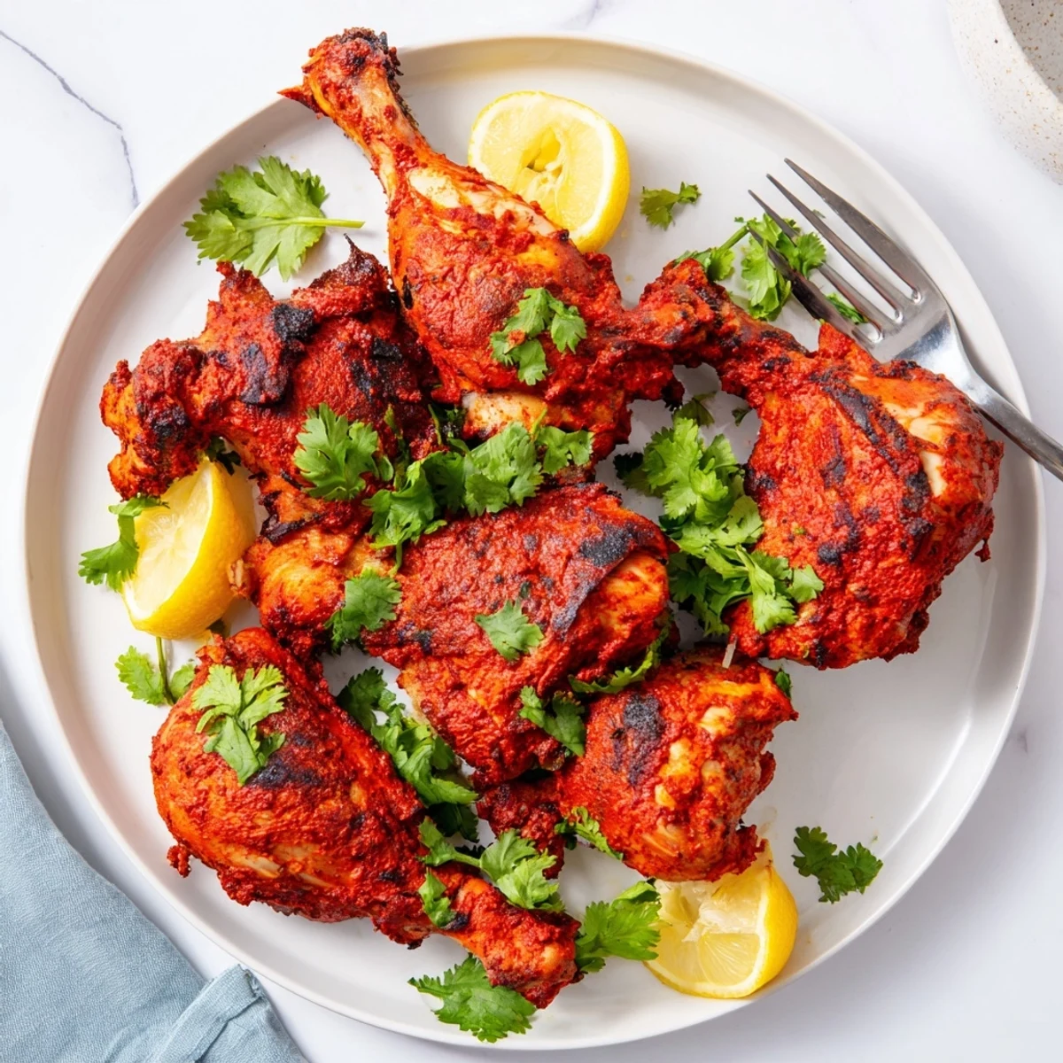 Golden tandoori chicken with spiced yogurt marinade roasted to smoky perfection