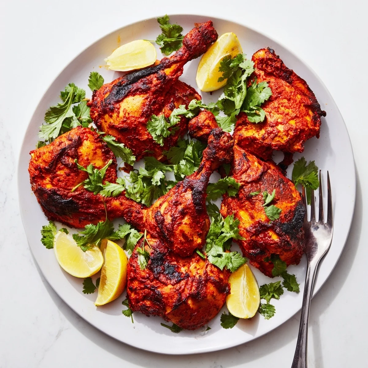 Tender roasted chicken pieces coated in vibrant red yogurt and aromatic Indian spices