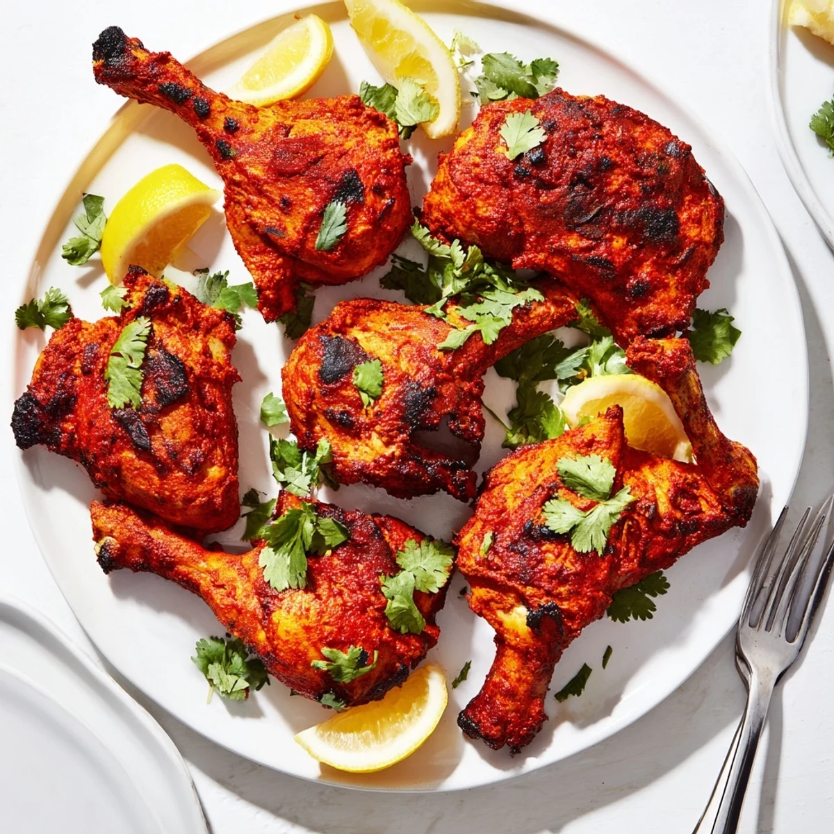 Succulent tandoori chicken garnished with fresh cilantro and served alongside lemon wedges