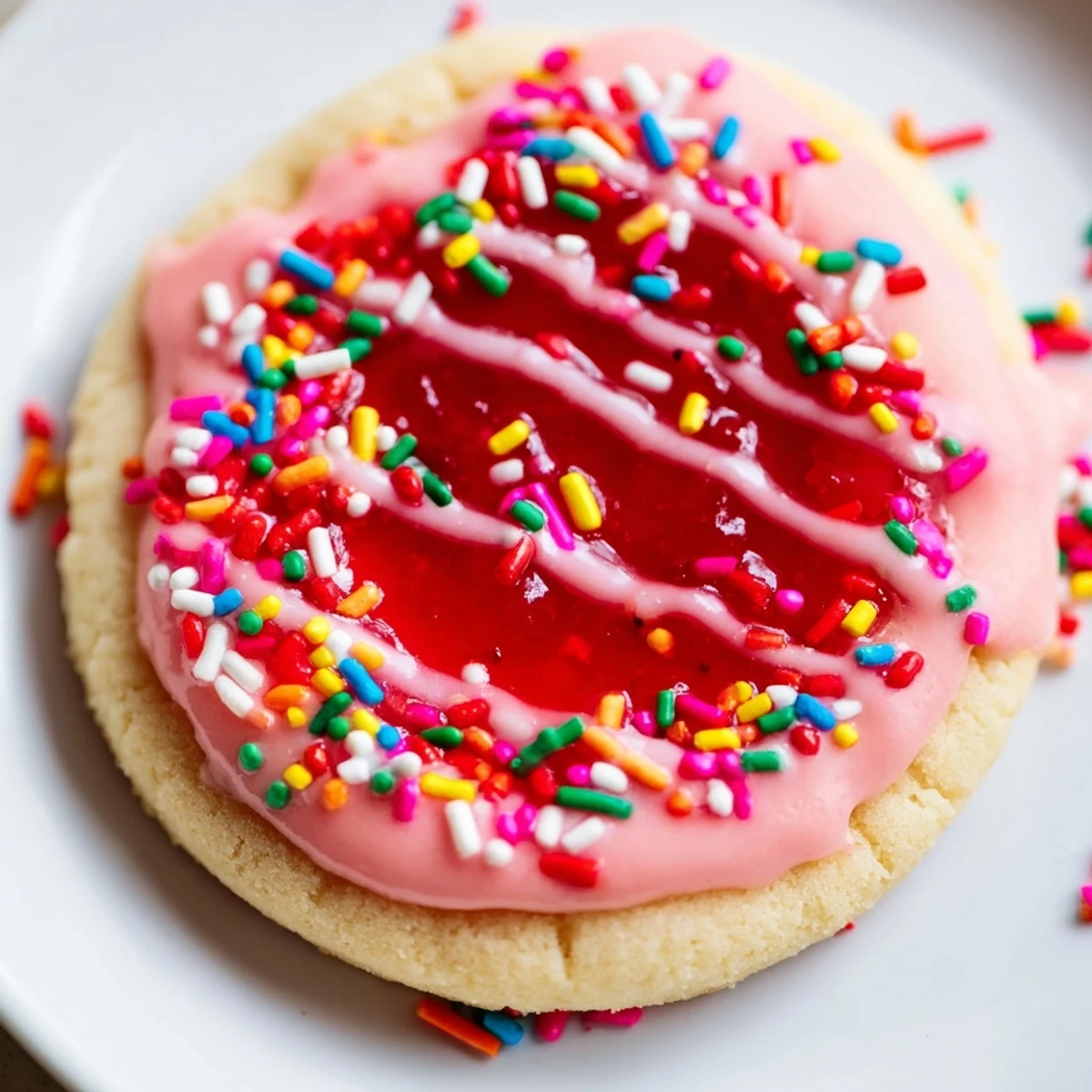 Freshly baked strawberry Pop Tart cookies drizzled with pink glaze and colorful sprinkles on a white plate