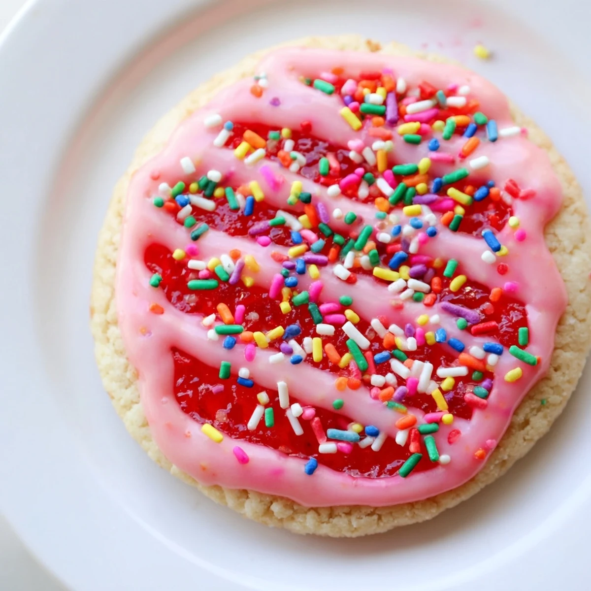 Soft buttery strawberry Pop Tart cookies filled with sweet jam and topped with vanilla icing and rainbow sprinkles