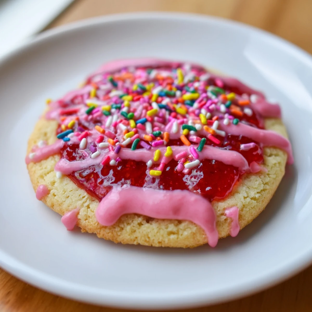 Homemade strawberry Pop Tart cookies with glossy pink frosting and festive sprinkles arranged on a baking sheet