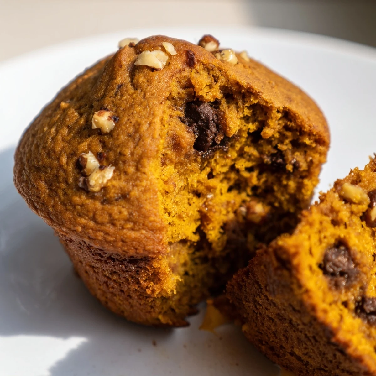 Golden butternut squash banana muffins topped with walnuts on a wooden board
