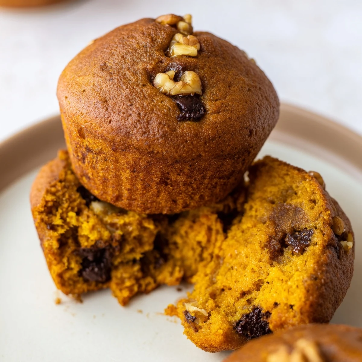Spiced squash and banana muffins sprinkled with dark chocolate chips on a wire rack
