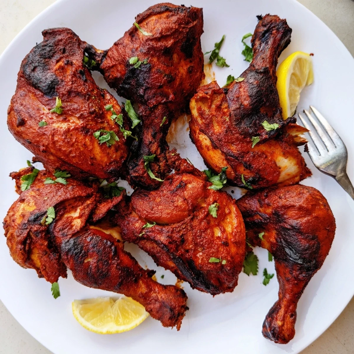 Tandoori Chicken roasted to smoky char, garnished with cilantro and lemon