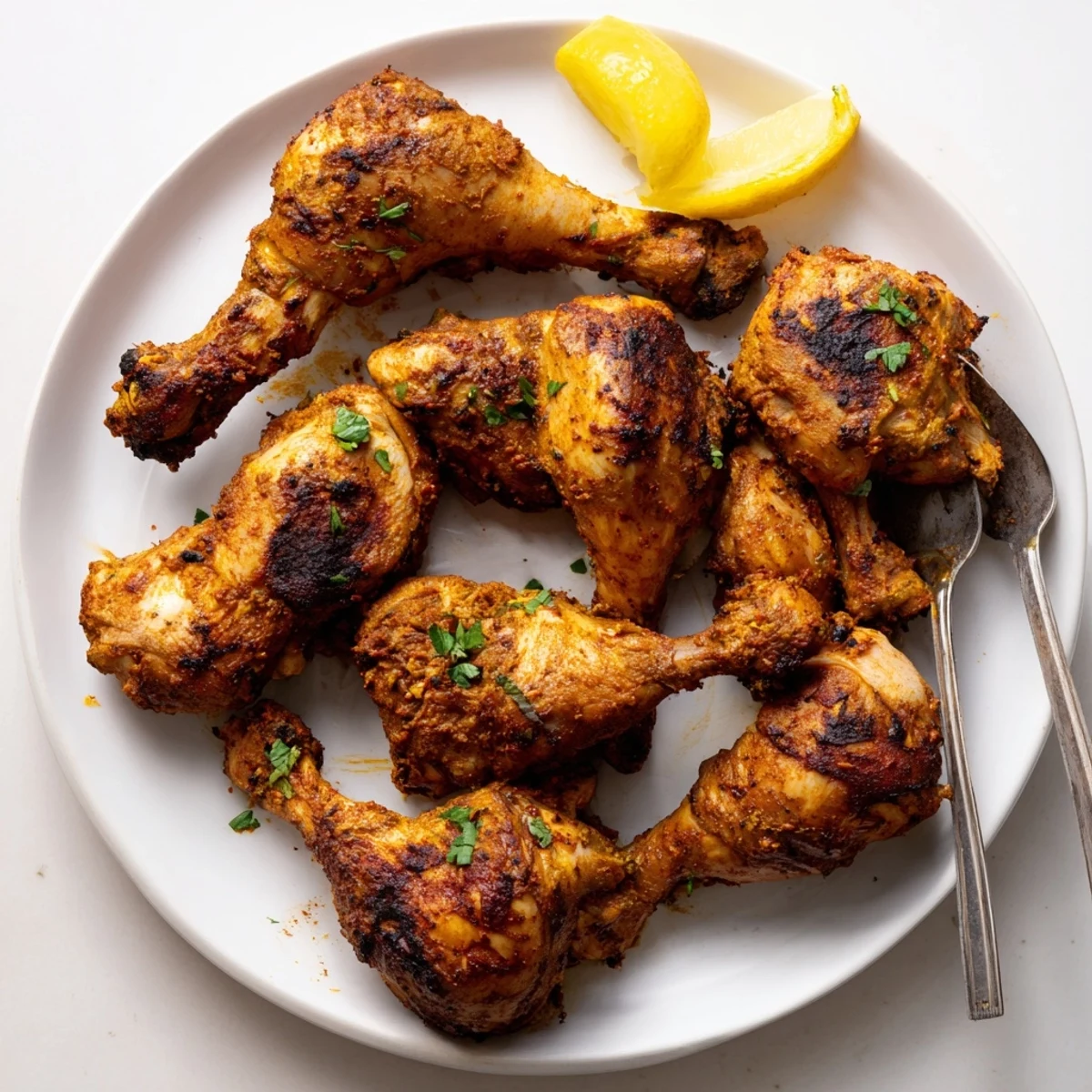 Charred Tandoori Chicken on a wire rack, zesty lemon wedges and raita