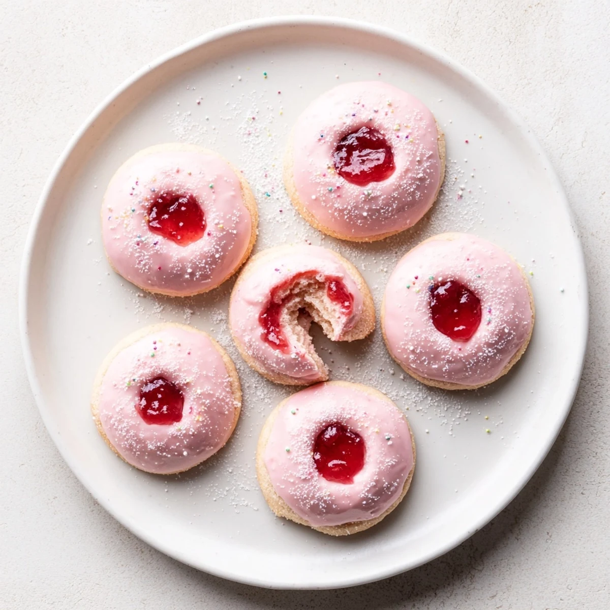 Close-up of Strawberry Pop Tart Cookies split to reveal gooey jam