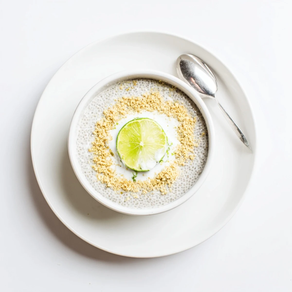 Key Lime Chia Pudding topped with coconut yogurt and graham crumble, bright.
