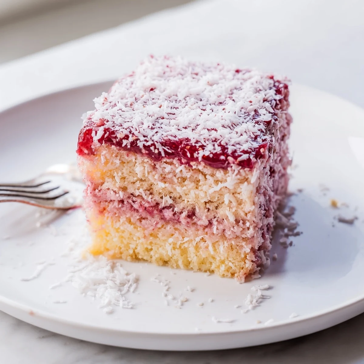 Soft raspberry lamingtons coated in pink jam and fluffy white coconut on a plate
