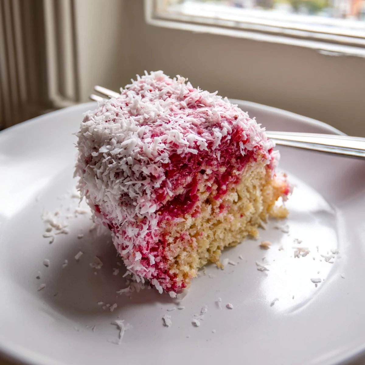 Golden sponge squares dipped in raspberry lamingtons coating dusted with shredded coconut
