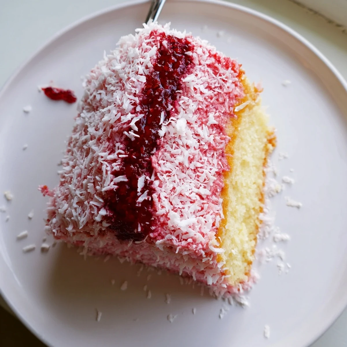 Bright pink raspberry lamingtons topped with fresh berries served on a rustic board