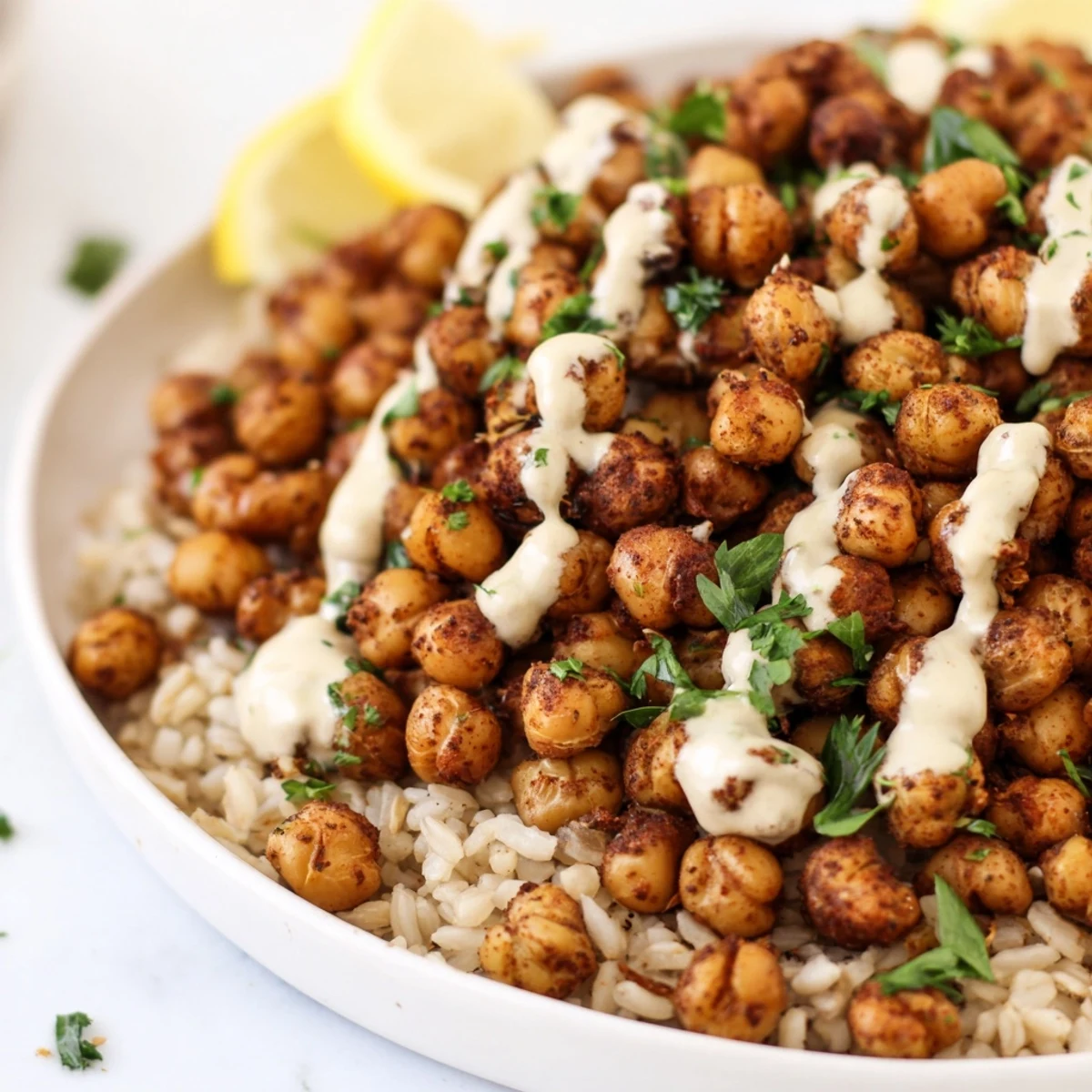 Vibrant chickpea shawarma bowl featuring spiced roasted chickpeas over fluffy rice with cucumber and tomatoes