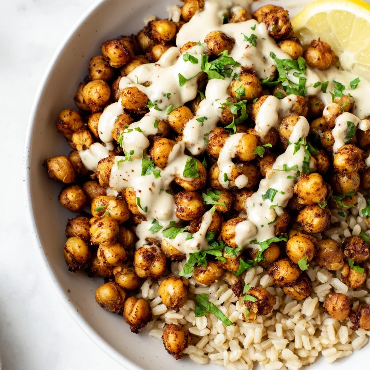 Golden crispy chickpea shawarma bowl drizzled with creamy tahini sauce and fresh vegetables