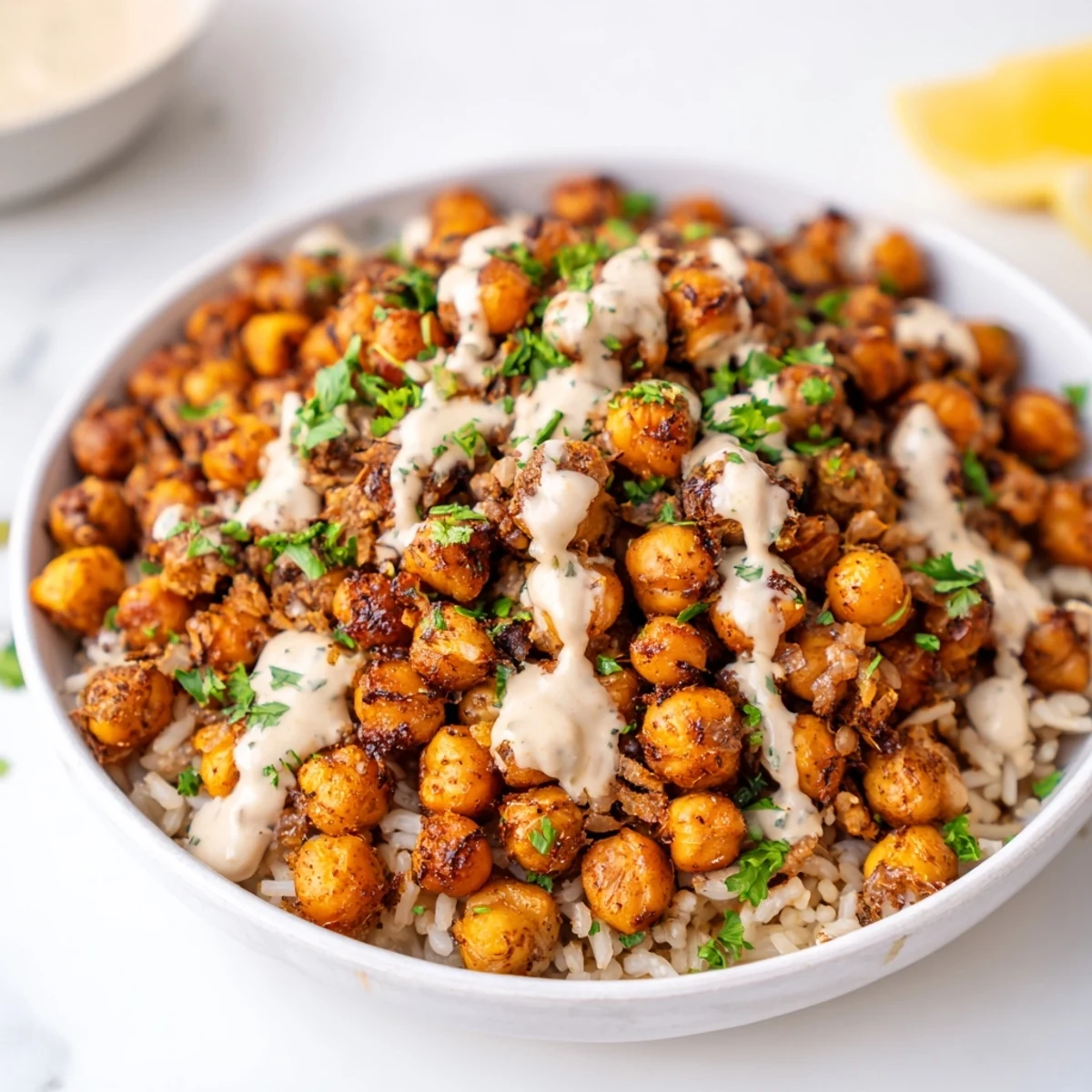 Warmly spiced chickpea shawarma bowl topped with tangy tahini dressing and bright lemon wedges