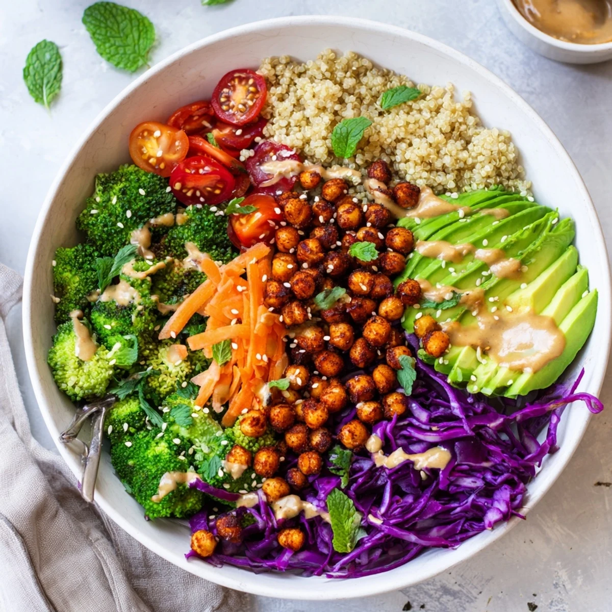 Colorful Buddha Bowl with roasted chickpeas, fresh avocado, and creamy tahini dressing