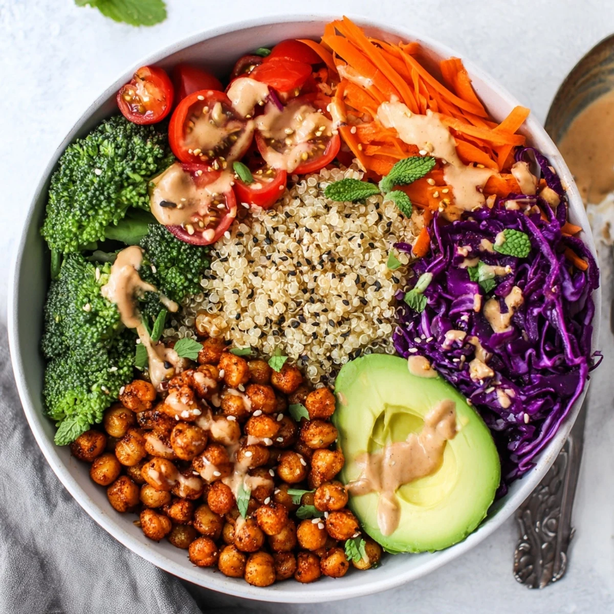 Vibrant Buddha Bowl featuring steamed broccoli, grated carrot, and crispy spiced chickpeas