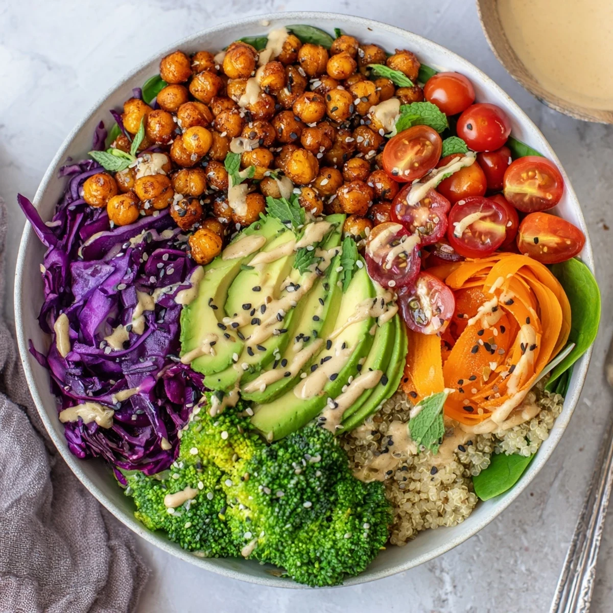Healthy Buddha Bowl loaded with quinoa, red cabbage, and drizzled tahini sauce