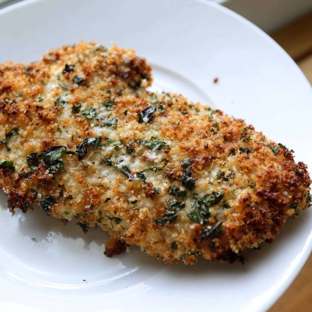 Golden baked Savory Herbed Parmesan Chicken with a crispy herb-crusted coating on a parchment-lined sheet