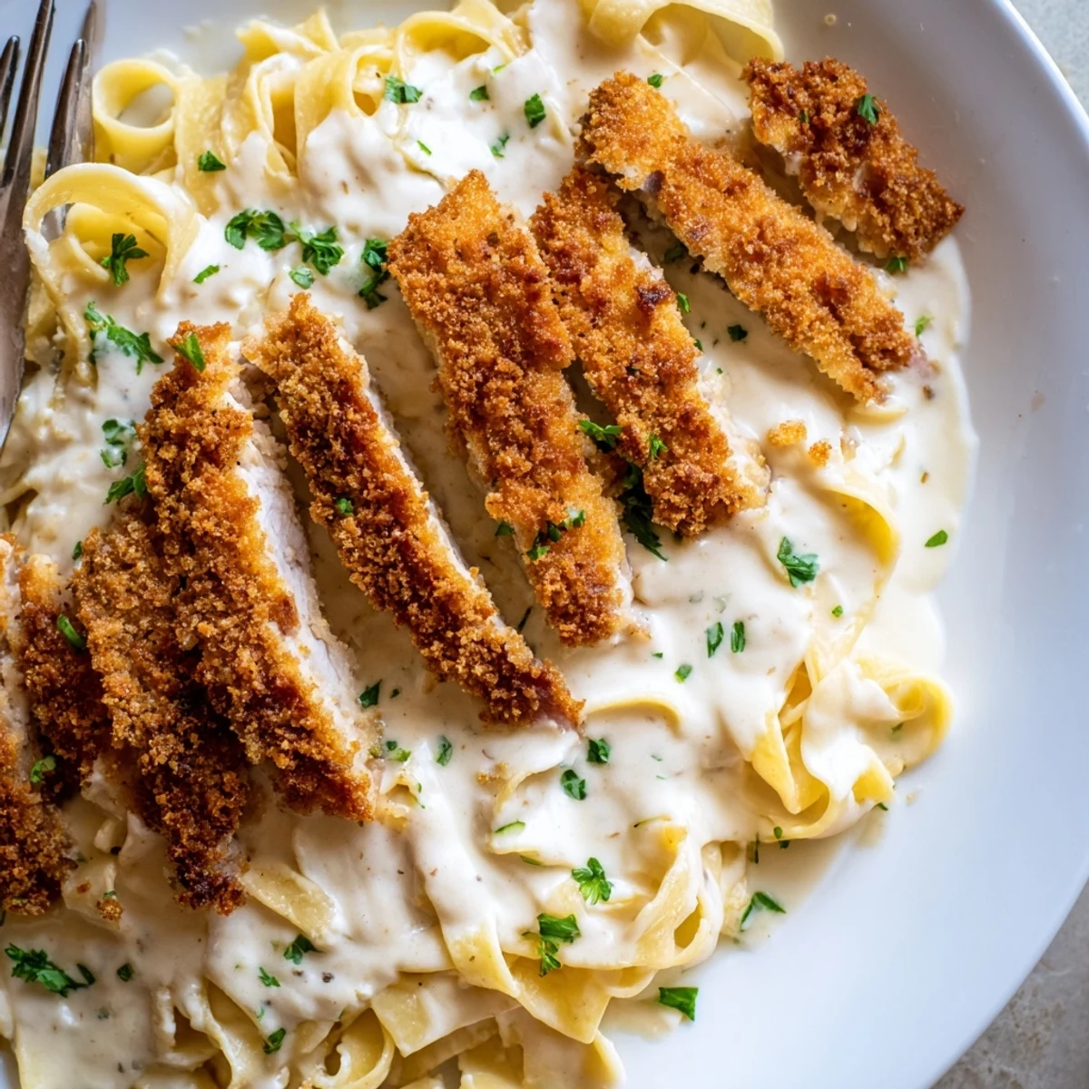 Crispy chicken Alfredo with golden breaded cutlets resting on creamy Parmesan fettuccine