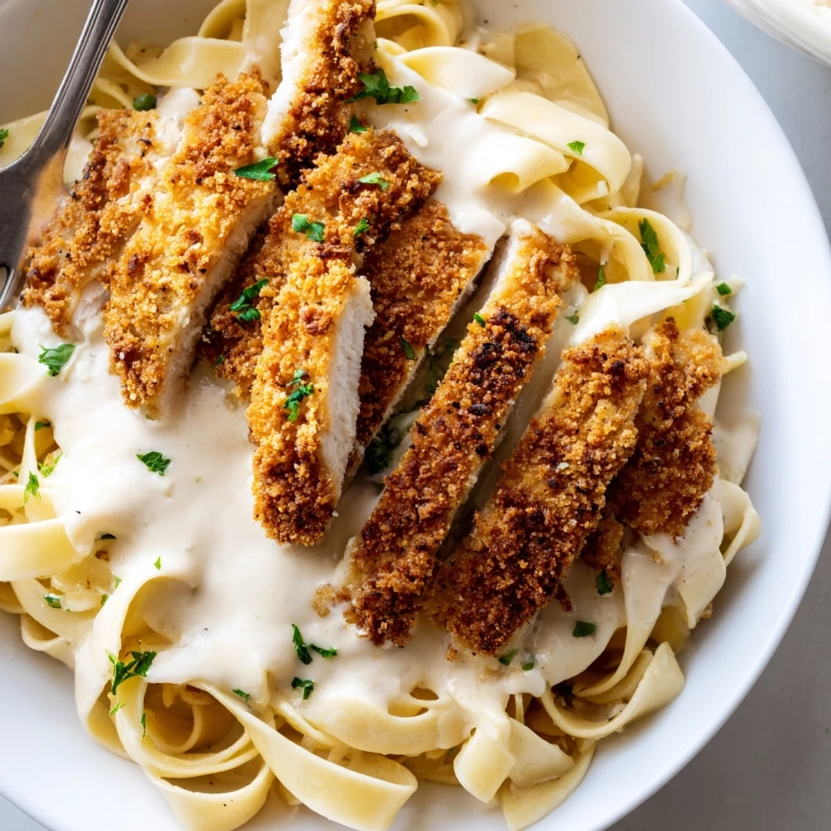 Creamy chicken Alfredo topped with crunchy panko-crusted strips and fresh parsley garnish