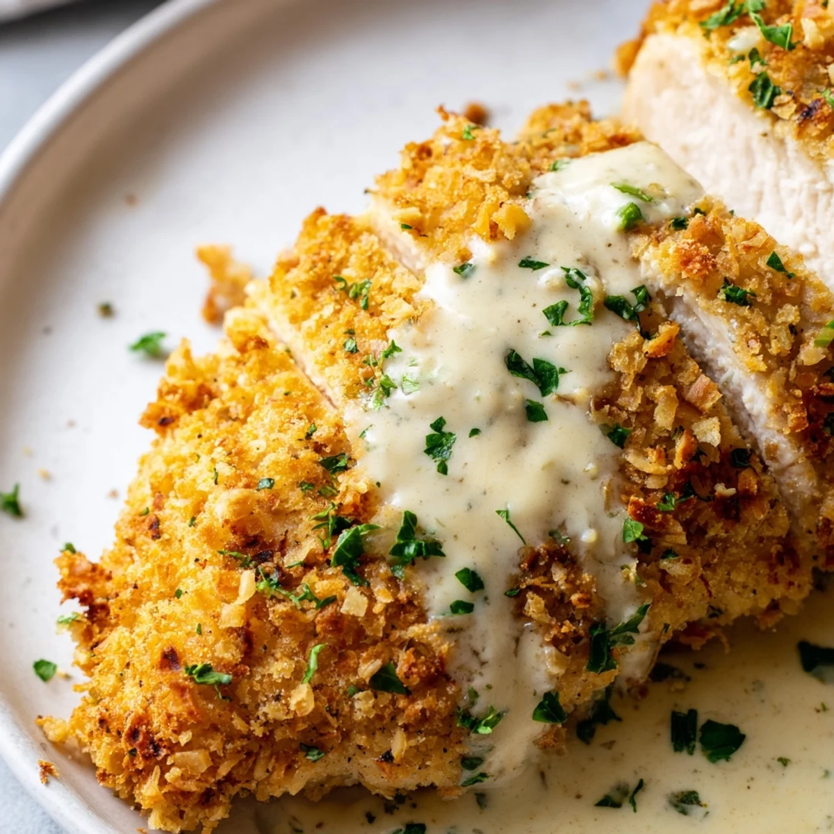 Golden crispy Parmesan chicken with creamy garlic sauce drizzled on a white plate