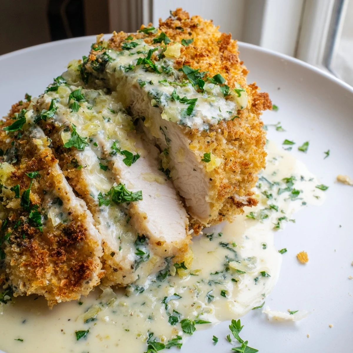 Crispy Parmesan chicken with creamy garlic sauce served over buttered noodles