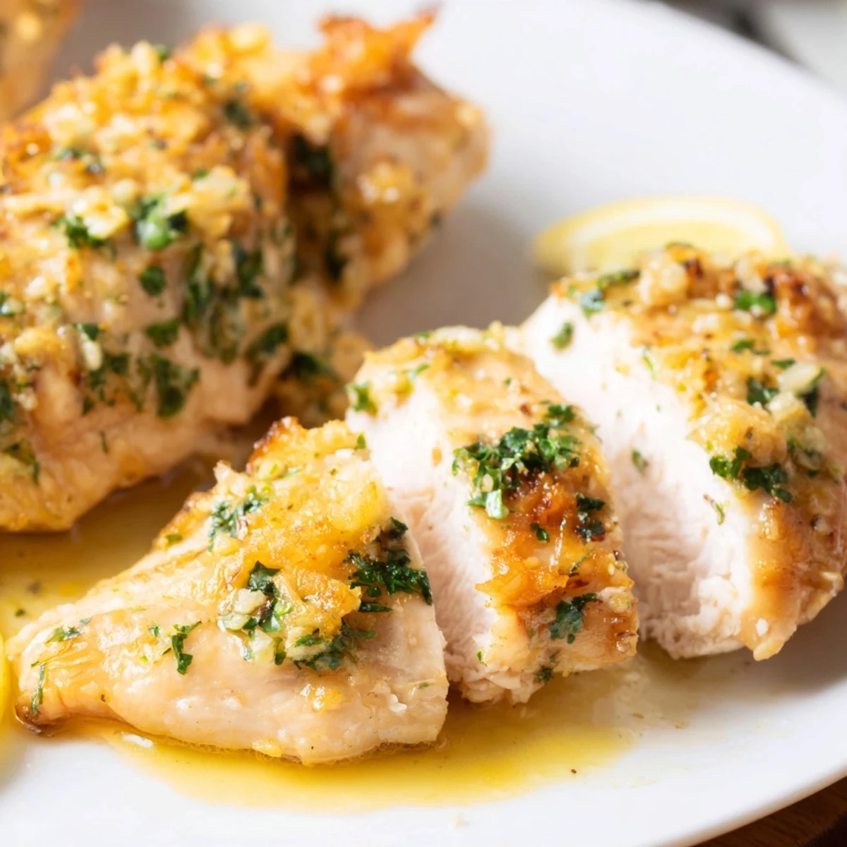 Golden garlic butter baked chicken breast resting in a bubbling herb sauce