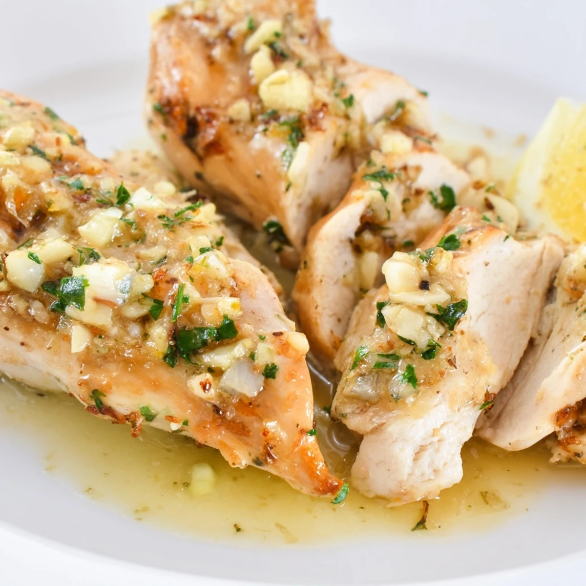 Rustic plate of garlic butter baked chicken breast garnished with fresh parsley