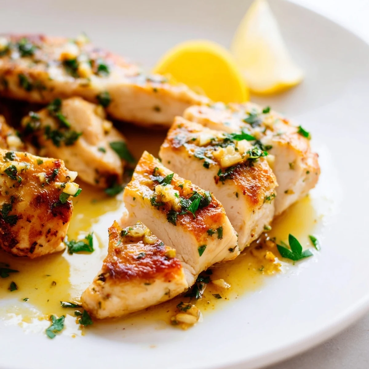 Juicy garlic butter baked chicken breast sliced open revealing tender moist meat
