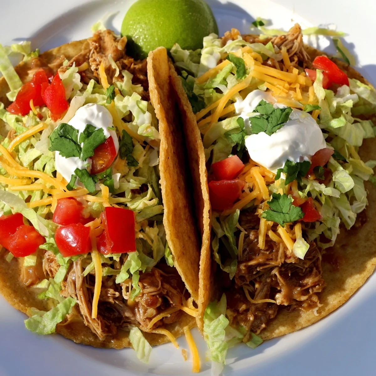 Slow Cooker Ranch Chicken Tacos topped with melted cheddar, crisp lettuce, and fresh lime wedges.