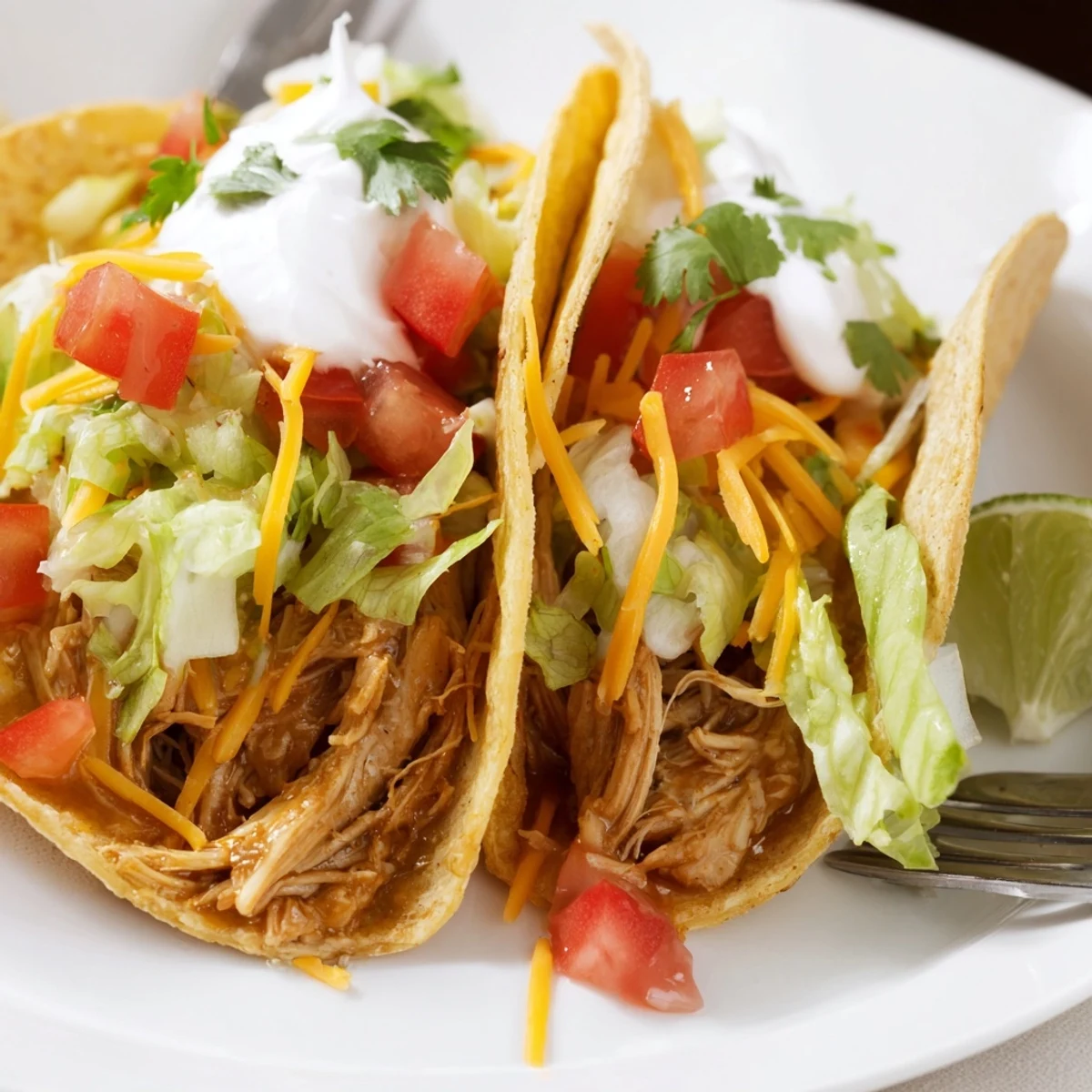 Juicy shredded Slow Cooker Ranch Chicken Tacos loaded with sour cream, diced tomatoes, and cilantro.