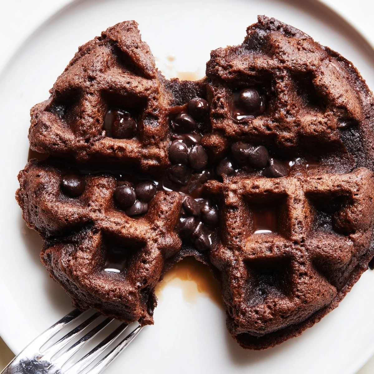 Warm fudgy brownie waffles with crisp edges and a gooey chocolate center on a plate