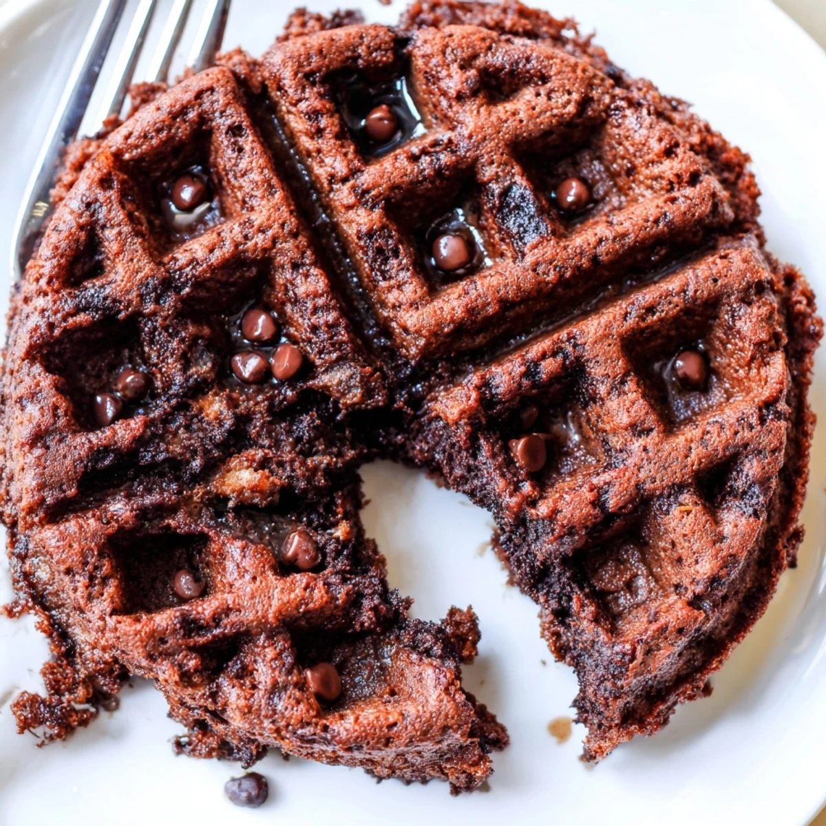 Golden-edged fudgy brownie waffles drizzled with chocolate sauce served hot off the iron