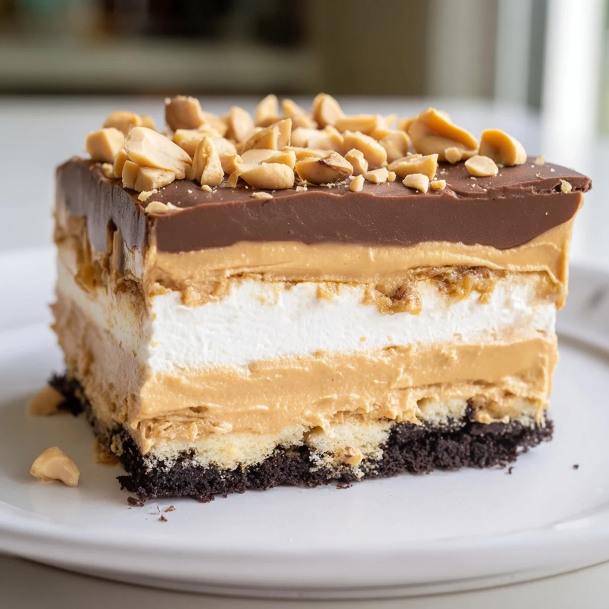 Creamy Peanut Butter Layered Delight with rich chocolate ganache and a crunchy cookie crust