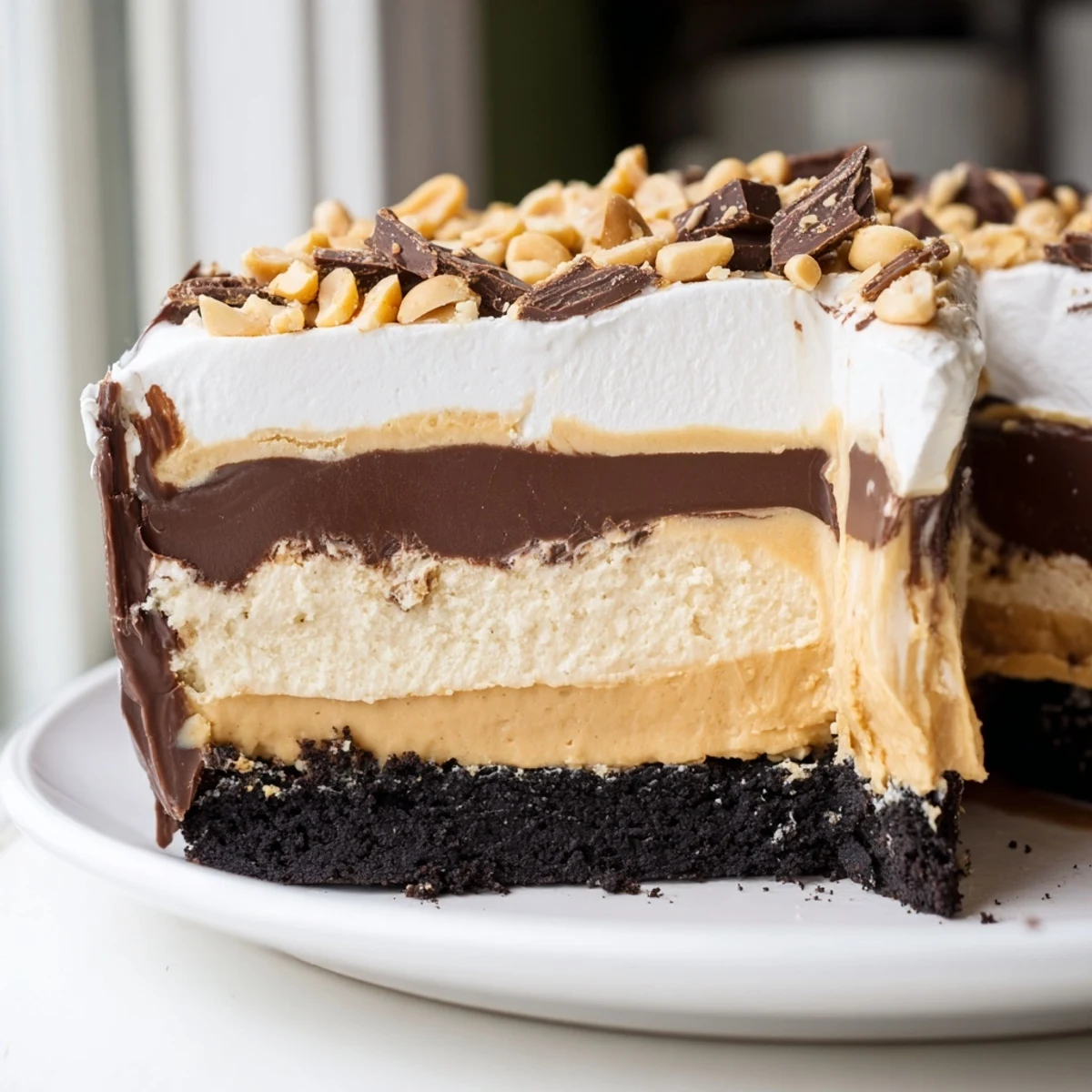 Peanut Butter Layered Delight sliced into squares topped with whipped cream and chopped peanuts